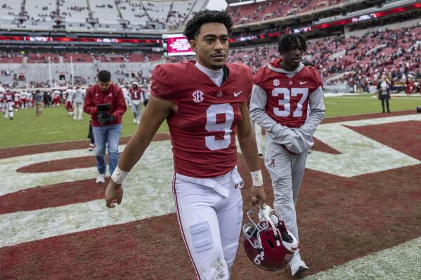 Alabama quarterback Bryce Young (9) departs the field after a 34-0 win over Austin Peay at an NCAA college football game, Saturday, Nov. 19, 2022, in Tuscaloosa, Ala. (AP Photo/Vasha Hunt)
