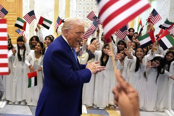 President Donald Trump and UAE President Mohammed bin Zayed Al Nahyan arrive at Qasr Al Watan, Thursday, May 15, 2025, in Abu Dhabi, United Arab Emirates. (AP Photo/Alex Brandon)