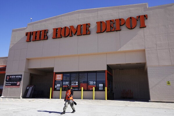 FILE - A view of the exterior of the Home Depot improvement store, in Niles, Ill., on Feb. 19, 2022. Home Depot reports earnings on Tuesday, Nov. 14, 2023. Home Depot's sales continued to soften in the first quarter as the nation's largest home improvement retailer not only was constrained by high mortgage rates and customers dealing with inflation concerns, but it also had to deal with a delayed start to spring. (AP Photo/Nam Y. Huh, File)