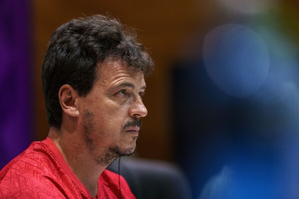 Fluminense's coach Fernando Diniz attends a press conference at the King Abdullah Sports City Stadium in Jeddah, Saudi Arabia, Thursday, Dec. 21, 2023. Manchester City will play against Fluminense during the final soccer match of the Club World Cup on Friday. (AP Photo/Manu Fernandez)