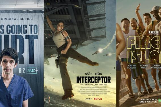 This combination of photos shows promotional art for, from left, "This is Going to Hurt," a series premiering June 2 on AMC+, "Interceptor," a film premiering June 3 on Netflix and "Fire Island," a film premiering June 3 on Hulu. (AMC+/Netflix/Hulu via AP)