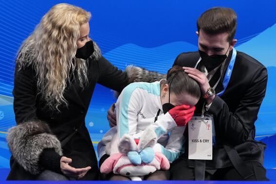 FILE - Kamila Valieva, of the Russian Olympic Committee, reacts after competing in the women's free skate program during the figure skating competition at the 2022 Winter Olympics, Thursday, Feb. 17, 2022, in Beijing. Valieva tested positive for using a banned heart medication, and the result wasn't announced by anti-doping officials until after she'd won gold as part of the team competition, even though the sample was taken weeks earlier. (AP Photo/David J. Phillip, File)