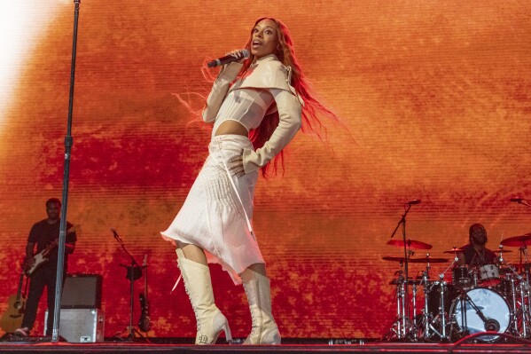 Ravyn Lenae performs during the first weekend of the Coachella Valley Music and Arts Festival at the Empire Polo Club on Friday, April 11, 2025, in Indio, Calif. (Photo by Amy Harris/Invision/AP)