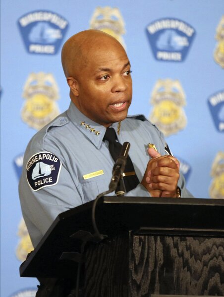 Minneapolis Police Chief Medaria Arradondo addresses the media, Wednesday, June 10, 2020 in Minneapolis. The press conference follows the Memorial Day death of George Floyd in police custody after video shared online by a bystander showed former officer Derek Chauvin kneeling on Floyd's neck during his arrest as he pleaded that he couldn't breathe. (AP Photo/Jim Mone)