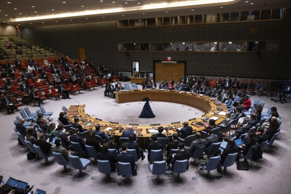 A general view shows a Security Council meeting at United Nations headquarters, Friday, March. 22, 2024. (AP Photo/Yuki Iwamura)