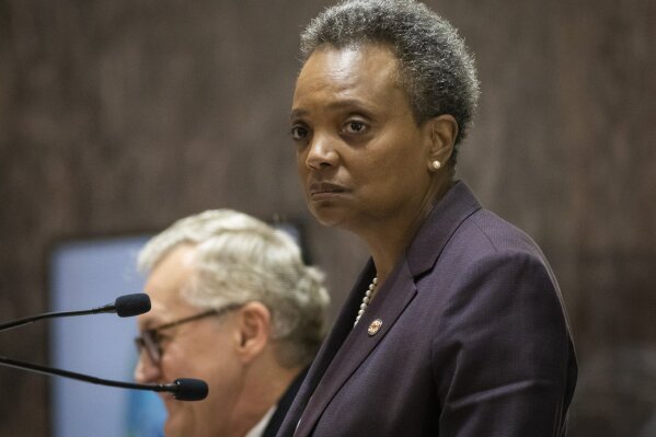 Chicago Mayor Lori Lightfoot presides over the monthly Chicago City Council meeting and delivers her first budget address at City Hall, Wednesday, Oct. 23, 2019. (Ashlee Rezin Garcia/Chicago Sun-Times via AP)