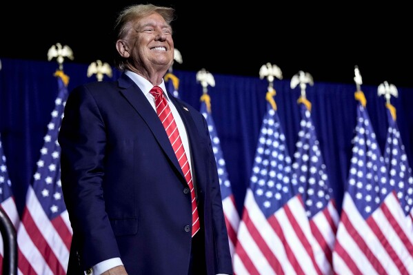 Republican presidential candidate former President Donald Trump arrives at a campaign rally Saturday, March 9, 2024, in Rome Ga. (AP Photo/Mike Stewart)