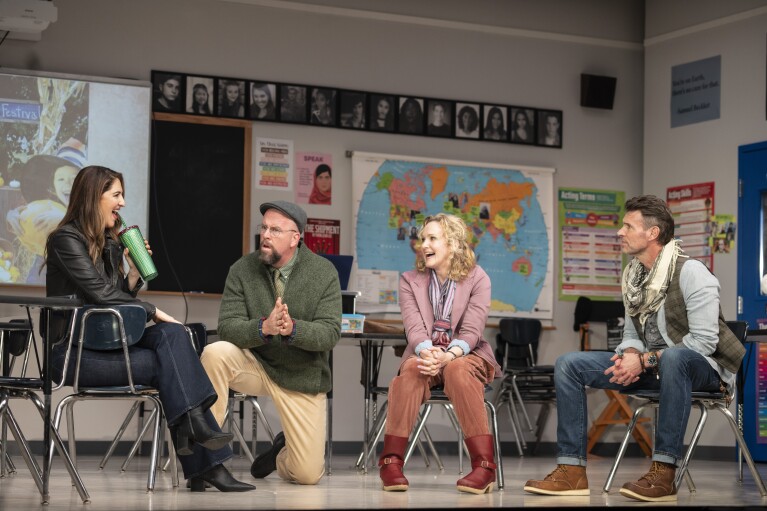 D'Arcy Carden, from left, Chris Sullivan, Katie Finneran, and Scott Foley appear during a performance of "The Thanksgiving Play" in New York. The play was written by Larissa FastHorse. (Joan Marcus via AP)