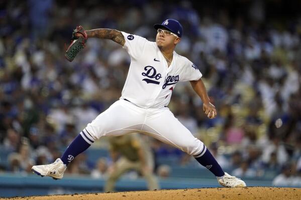 Los Angeles Dodgers starting pitcher Julio Urias throws to a San Diego Padres batter during the fourth inning of a baseball game Saturday, Sept. 3, 2022, in Los Angeles. (AP Photo/Marcio Jose Sanchez)