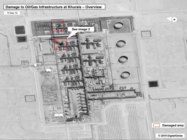 This image provided on Sunday, Sept. 15, 2019, by the U.S. government and DigitalGlobe and annotated by the source, shows damage to the infrastructure at Saudi Aramco's Khurais oil field in Buqyaq, Saudi Arabia. The drone attack Saturday on Saudi Arabia's Abqaiq plant and its Khurais oil field led to the interruption of an estimated 5.7 million barrels of the kingdom's crude oil production per day, equivalent to more than 5% of the world's daily supply. (U.S. government/Digital Globe via AP)