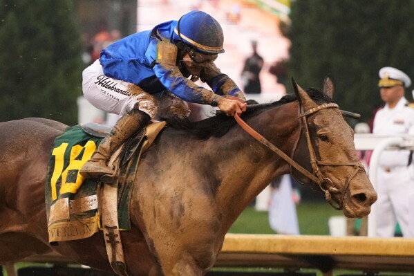 Sovereignty, ridden by Junior Alvarado, heads to the finish line to win the 151st running of the Kentucky Derby horse race at Churchill Downs Saturday, May 3, 2025, in Louisville, Ky. (AP Photo/Jeff Roberson, File)