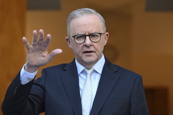 Australian Prime Minister Anthony Albanese announces his new Cabinet in Canberra, Monday, May 12, 2025, after his center-left Labor Party won a landslide victory at elections on May 3. (Lukas Coch/AAP Image via AP)