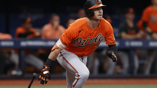 Baltimore Orioles' Ryan O'Hearn watches the ball after hitting an RBI single against the Tampa Bay Rays during the ninth inning of a baseball game Saturday, July 22, 2023, in St. Petersburg, Fla. (AP Photo/Scott Audette)
