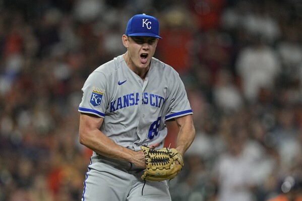 Kansas City Royals relief pitcher James McArthur reacts after striking out Houston Astros' Kyle Tucker in the ninth inning to end a baseball game Friday, Sept. 22, 2023, in Houston. The Royals won 7-5. (AP Photo/David J. Phillip)