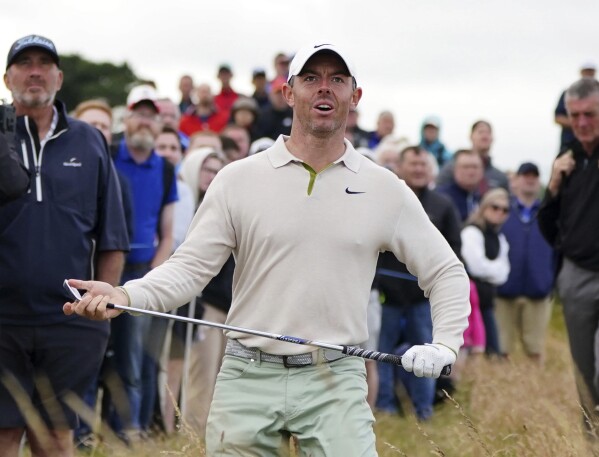 Northern Ireland's Rory McIlroy reacts after a pitch on day four of the Genesis Scottish Open 2023 golf tournament at The Renaissance Club, North Berwick, Britain, Sunday, July 16, 2023. (Jane Barlow/PA via AP)
