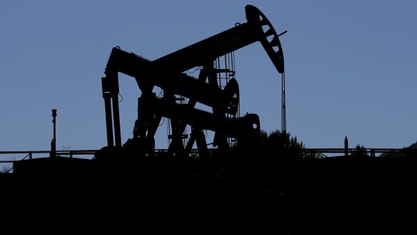 FILE - Pumpjacks dip their heads to extract oil in a basin south of Duchesne, Utah on July 13, 2023. U.S. oil production is at an all-time high. The U.S. Energy Information Administration, an arm of the Energy Department, reported that American oil production in the first week of October hit 13.2 million barrels per day, passing the previous record set in 2020 by 100,000 barrels. Weekly domestic oil production has doubled from the first week in October 2012 to now. (AP Photo/Rick Bowmer, File)