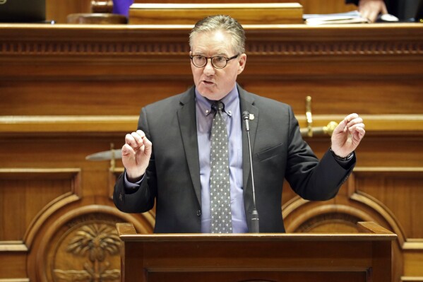 South Carolina state Sen. Greg Hembree, R-Little River, speaks about a bill altering the procedure used to elect judges in the state, Thursday, Feb. 29, 2024, in Columbia, S.C. (APPhoto/Jeffrey Collins)