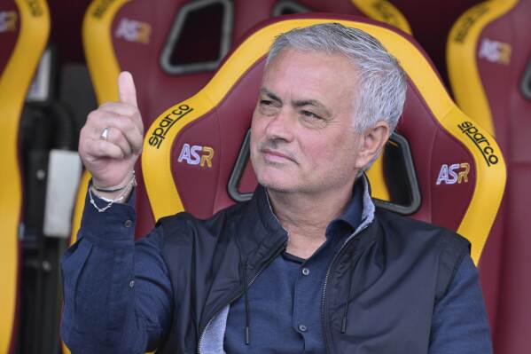 AS Roma's coach Jose' Mourinho gestures, ahead of the Italian Serie A soccer match between AS Roma and AC Monza, at Stadio Olimpico, in Rome, Sunday, Oct. 22, 2023. (Alfredo Falcone/LaPresse via AP)
