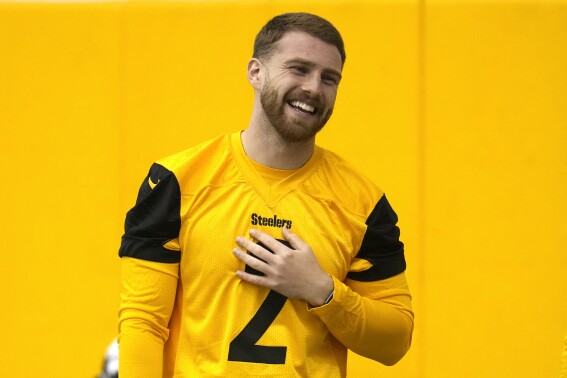 Tryout kicker Mark Jackson attends the Pittsburgh Steeler's NFL rookie minicamp football practice in Pittsburgh, Friday, May 10, 2024. (AP Photo/Gene J. Puskar)