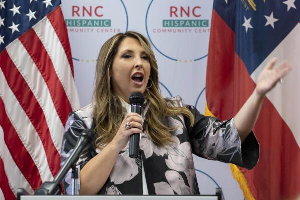 FILE - Republican National Committee Chair Ronna McDaniel speaks to a packed room at the opening of the RNC's new Hispanic Community Center in Suwanee, Ga., June 29, 2022. McDaniel, the former president's hand-picked choice back in 2017 and the niece of Utah Sen. Mitt Romney, is running to lead the RNC for a fourth term. (AP Photo/Ben Gray, File)
