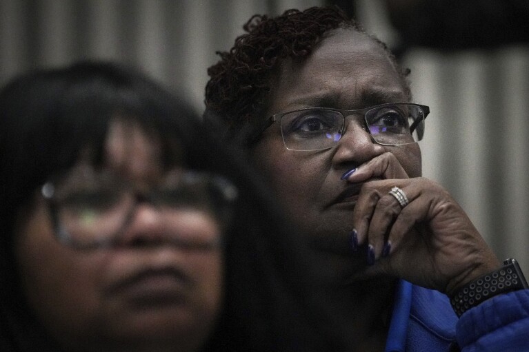 Jackie Anderson, president of the Houston Federation of Teachers, listens during a community information session about the state takeover of Houston's Independent School District on Thursday, March 30, 2023, at Kashmere High School in Houston. (Jon Shapley/Houston Chronicle via AP)