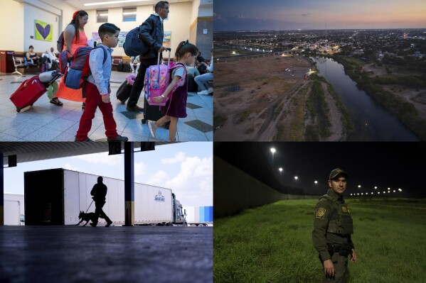 This combination of Friday, Aug. 9, 2024 photos shows, top row from left, a Venezuelan migrant family arriving in El Paso, Texas; an aerial view of the Rio Grande and Shelby Park in Eagle Pass, Texas; bottom row from left, a Customs and Border Protection officer and K-9 German Shepherd inspecting trucks at the Port of Laredo in Texas; Andrés García, Border Patrol agent and Public Affairs officer, on the south side of the border wall near Mission, Texas. (AP Photo/Eric Gay, Andres Leighton; Verónica Gabriela Cárdenas, Jordan Vonderhaar/The Texas Tribune via AP)