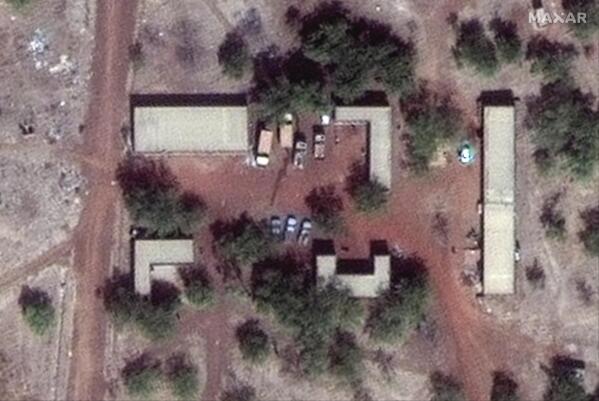 This January 2023 satellite image shows buildings inside a military base 2 kilometers (1 1/4 miles) northwest of Ouahigouya, Burkina Faso. The Associated Press determined the buildings match the location where a video was filmed that began circulating on WhatsApp in mid-February showing the killing of seven boys, including 16-year-old Adama. Burkina Faso has been wracked by violence linked to al-Qaida and the Islamic State group that has killed thousands, but some civilians say they are even more afraid of Burkina Faso's security forces, who they accuse of extrajudicial killings. The military junta has denied its security forces were involved in the killing shown in the video, which was filmed by an unknown person. But a frame-by-frame analysis by The AP shows the soldiers, including one who smashed in Adama's head with a rock, were wearing uniforms and had vehicles consistent with those used by the Burkinabe army. (Maxar Technologies via AP)