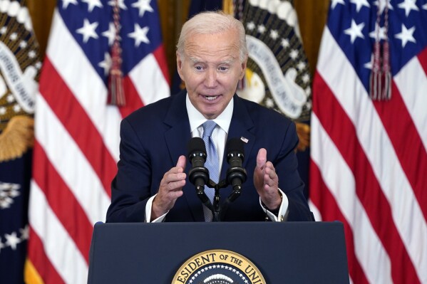 President Joe Biden speaks during an event on prescription drug costs, in the East Room of the White House, Tuesday, Aug. 29, 2023, in Washington. (AP Photo/Evan Vucci)