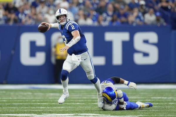 Indianapolis Colts quarterback Carson Wentz (2) during the second half of an NFL football game, Sunday, Sept. 19, 2021, in Indianapolis. (AP Photo/AJ Mast)