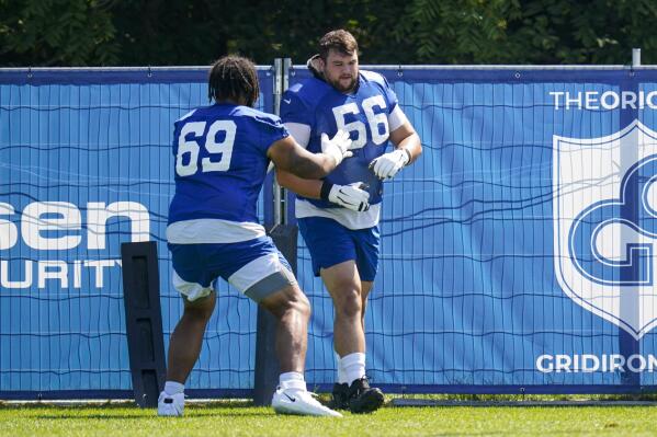 Indianapolis Colts guard Quenton Nelson (56) works against offensive tackle Matt Pryor (69) during practice at the NFL team's football training camp in Westfield, Ind., Wednesday, Aug. 24, 2022. (AP Photo/Michael Conroy)