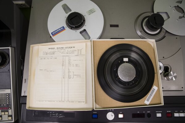 In this May 8, 2019 photo shown is a reel from from a Nat Turner Rebellion recording session at the Sigma Sound Studio, at Drexel University in Philadelphia. The music department acquired this and thousands of other tapes and they are hoping to discover more gems in its archives. (AP Photo/Matt Rourke)