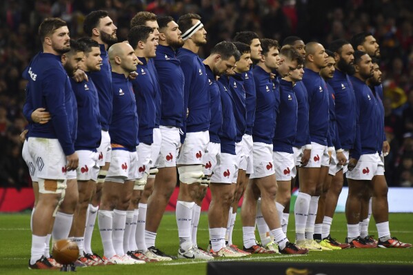 France team line up before the Six Nations rugby union international match between Wales and France at the Principality Stadium in Cardiff, Wales, Sunday, March 10, 2024. (AP Photo/Rui Vieira)