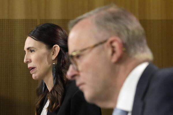 New Zealand Prime Minister Jacinda Ardern, left, speaks during a joint press conference with Australia's Prime Minister Anthony Albanese in Sydney, Australia, Friday, July 8, 2022. (AP Photo/Rick Rycroft)
