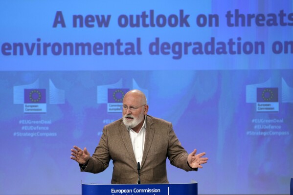 FILE - European Commissioner for European Green Deal Frans Timmermans speaks during a media conference on threats of climate change and environmental degradation on peace, security, and defense at EU headquarters in Brussels, Wednesday, June 28, 2023. European Commission Vice-President Frans Timmermans is the only candidate to lead a merged campaign between two left-leaning parties in the Dutch general election in November, the parties announced Friday, Aug. 11, 2023. (AP Photo/Virginia Mayo, File)