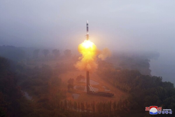 This photo provided by the North Korean government, shows what it says a test launch of new intercontinental ballistic missile "Hwasong-19" at an undisclosed place in North Korea Thursday, Oct. 31, 2024. Independent journalists were not given access to cover the event depicted in this image distributed by the North Korean government. The content of this image is as provided and cannot be independently verified. Korean language watermark on image as provided by source reads: "KCNA" which is the abbreviation for Korean Central News Agency. (Korean Central News Agency/Korea News Service via AP)