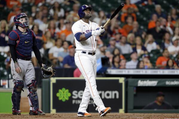 Houston Astros designated hitter Yordan Alvarez (44) watches his