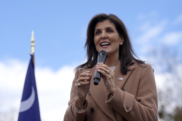 Republican presidential candidate former UN Ambassador Nikki Haley speaks at a campaign event on Feb. 19, 2024, in Camden, S.C. Haley has sharpened her attacks on former President Donald Trump, the GOP front-runner, as the two prepare to face off in South Carolina's Republican primary on Feb. 24. (AP Photo/Meg Kinnard)