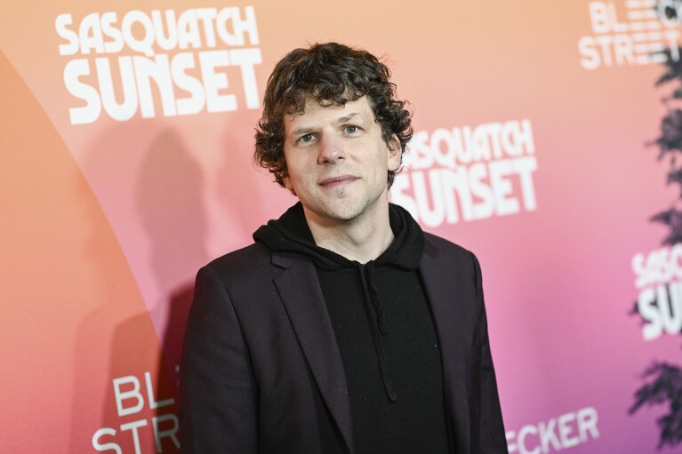 Jesse Eisenberg attends the premiere of "Sasquatch Sunset" at Metrograph, Monday, April 1, 2024, in New York. (Photo by Evan Agostini/Invision/AP)