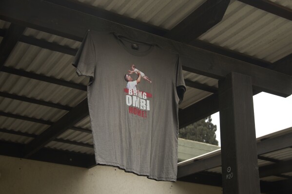A t-shirt depicting Omri Miran, who is held captive by Hamas in the Gaza Strip, hangs at the family's home in Kibbutz Nahal Oz, southern Israel, Wednesday, April 9, 2025. (AP Photo/Maya Alleruzzo)