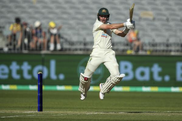 Australia's Marnus Labuschagne bats during play on the first day of the first cricket test between Australia and the West Indies in Perth, Australia, Wednesday, Nov. 30, 2022. (AP Photo/Gary Day)