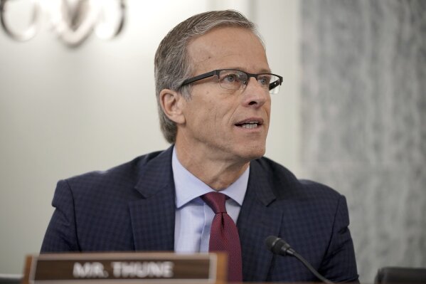 Sen. John Thune, R-S.D., speaks during the Senate Commerce Committee on Capitol Hill, Wednesday, Oct. 28, 2020, in Washington. The committee summoned the CEOs of Twitter, Facebook and Google to testify during the hearing. (Greg Nash/Pool via AP)