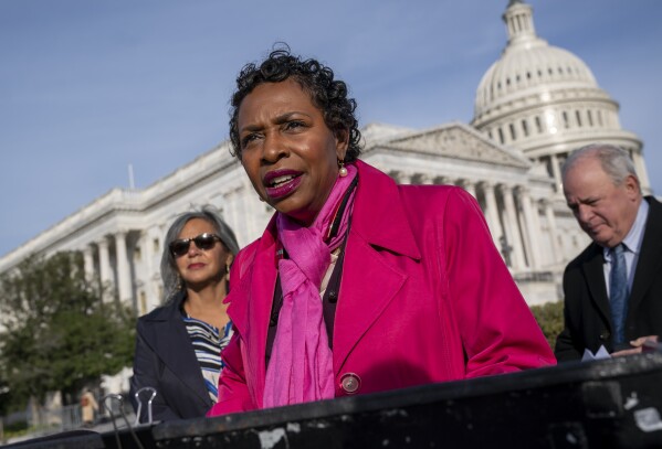 FILE - Rep. Yvette Clarke of New York speaks at a news conference in Washington, Nov. 4, 2021. Clarke and Sen. Amy Klobuchar of Minnesota sent a letter Thursday to Meta CEO Mark Zuckerberg and X CEO Linda Yaccarino asking each to explain any rules they're crafting to curb AI-generated election ads that deceive people. (AP Photo/J. Scott Applewhite, File)