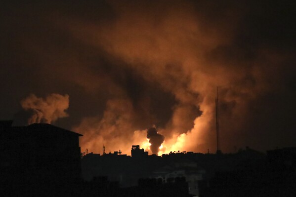 Explosions caused by Israeli airstrikes in the northern Gaza Strip, Friday, Oct. 27, 2023. (AP Photo/Abed Khaled)
