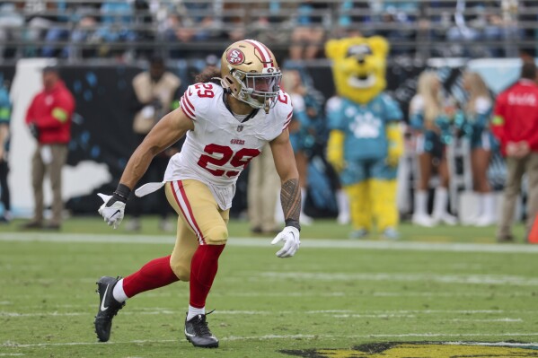 San Francisco 49ers safety Talanoa Hufanga (29) follows the action during a NFL football game against the Jacksonville Jaguars, Sunday, Nov. 12, 2023 in Jacksonville, Fla. Hufanga aims to be ready to return to action in time for the season opener after tearing a ligament in his knee last November. (AP Photo/Alex Menendez, File)