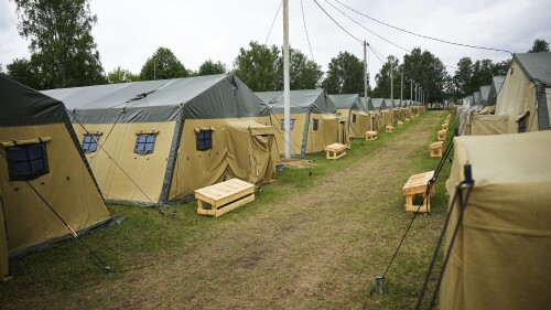 A view of the Belarusian army camp near Tsel village, about 90 kilometers (about 55 miles) southeast of Minsk, Belarus, Friday, July 7, 2023. Maj. Gen. Leonid Kosinsky, an assistant to Belarus' defense minister, said that Russia's Wagner military contractor could use the army camp near Tsel if it relocates to Belarus under a deal that ended mercenary chief Yevgeny Prigozhin's abortive mutiny. (AP Photo/Alexander Zemlianichenko)