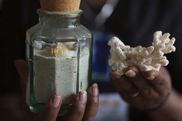 Chagossian Bernadette Dugasse shows sand and sea shells from the Chagos Islands during an interview with The Associated Press, at her home in London, Tuesday, March 25, 2025. (AP Photo/Kin Cheung)