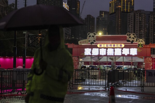 A Pro-Beijing market at the Victoria Park, the city's venue for the annual 1989 Tiananmen massacre vigil, on the 36th anniversary of China's Tiananmen Square crackdown, in Hong Kong, Wednesday, June 4, 2025. (AP Photo/Chan Long Hei)