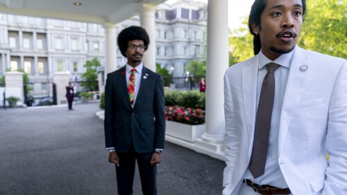 FILE - Tennessee Reps. Justin Pearson, D-Memphis, left, and Justin Jones, D-Nashville, speak to reporters outside the West Wing after meeting with President Joe Biden and Vice President Kamala Harris in the Oval Office of the White House in Washington, April 24, 2023. Pearson and Jones have raised more than $2 million combined through some 70,400 campaign donations after Republican lawmakers abruptly expelled the Democrats this spring for their gun control protest on the House floor. (AP Photo/Andrew Harnik, File)