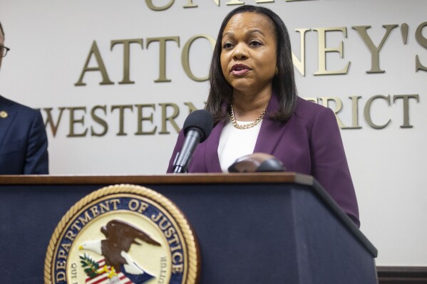 FILE - Assistant Attorney General Kristen Clarke, head of the Department of Justice's civil rights division, speaks during a press conference in Memphis, Tenn., on Sept. 12, 2023. The Justice Department says Jeffrey Scott Smith Jr., a former Oklahoma police officer convicted in the sexual assault of a woman during a traffic stop, will become the first to face a heftier penalty under the 2022 reauthorization of the Violence Against Women Act. Clarke said, "Sexual assaults perpetrated by police officers are heinous crimes and a disgraceful breach of the public trust in law enforcement" Clarke said. (Chris Day/The Commercial Appeal via AP)