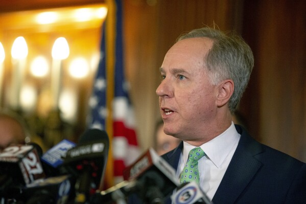 FILE - Speaker of the Wisconsin Assembly Robin Vos speaks during a news conference after Gov. Tony Evers delivered his state budget address at the state Capitol, Feb. 15, 2023, in Madison, Wis. Wisconsin Senate Majority Leader Devin LeMahieu, R-Oostburg, said Monday, Dec. 4, 2023, that he wants to see pay raises approved for Universities of Wisconsin employees, pitting himself against Vos, who has vowed to withhold UW funding until it cuts its spending on diversity, equity and inclusion. (Samantha Madar/Wisconsin State Journal via AP, File)